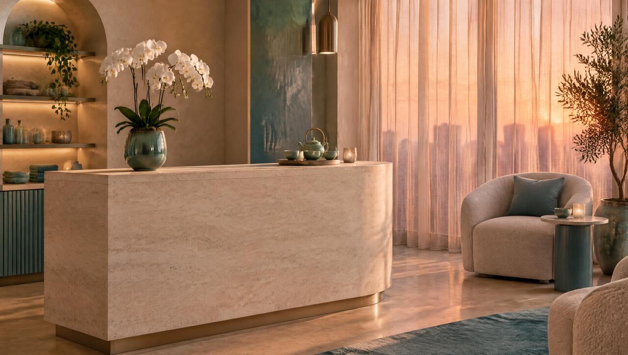 Recepción tranquila del salón con orquídeas
